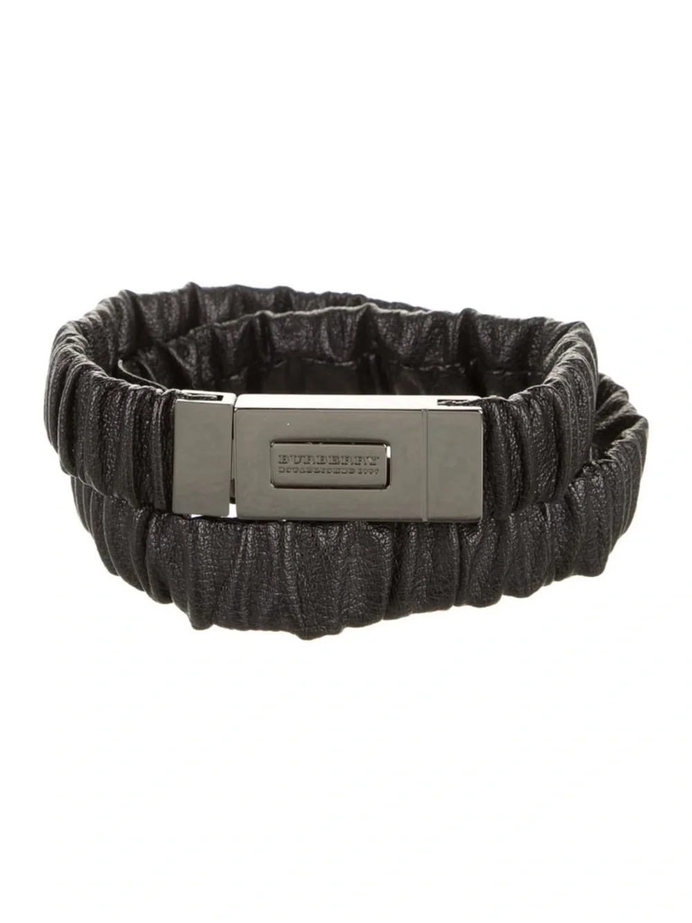 Vintage Burberry Black Gathered Leather Belt with Gunmetal Plaque Buckle